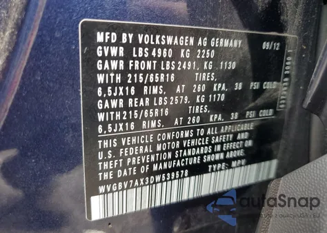 2013 Volkswagen Tiguan S из США, поврежденный, VIN WVGBV7AX3DW539578